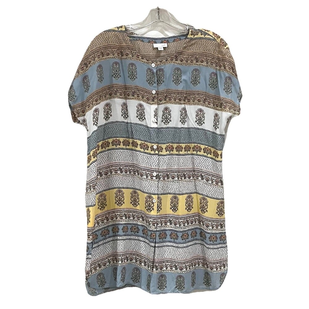 J.Jill Cap Sleeve Button Up Rayon Floral Striped Tunic Top Side Slits Sz M Boho